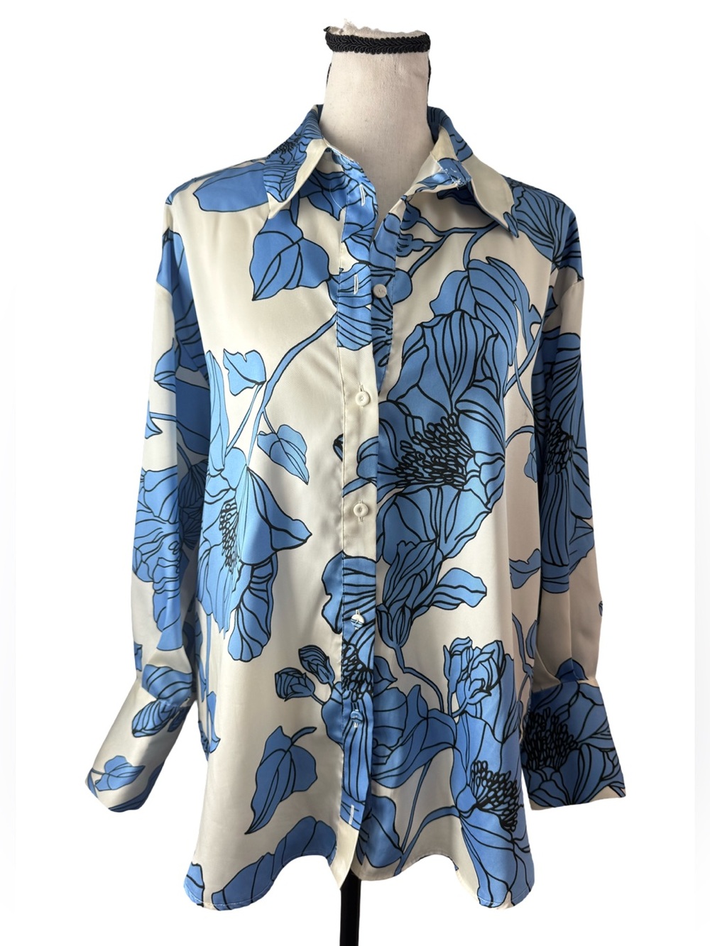ZARA Blue & Cream Floral Button Down Blouse Oversized Long Sleeve Small